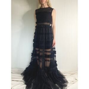 WHOLE 9 YARDS Black Tulle Ruffled Sheer Maxi Formal Gown SMALL